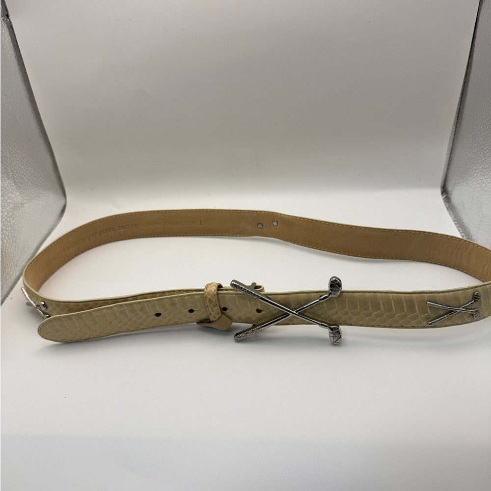 LB Belt Company Genuine Snakeskin Belt L Golf Clubs Buckle Beige Silver Accents